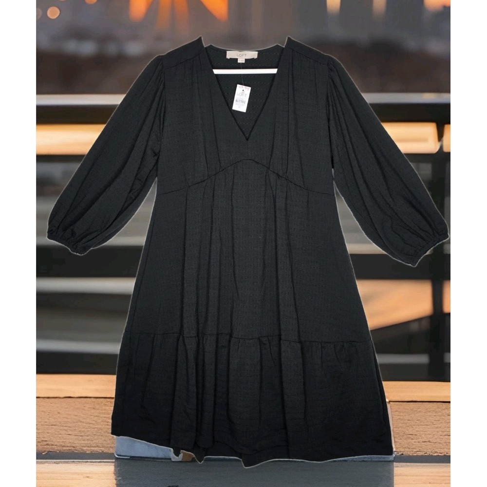 Loft Women's Black Tiered Dress With Elastic Bubble Style Sleeves SZ: 0 NWT